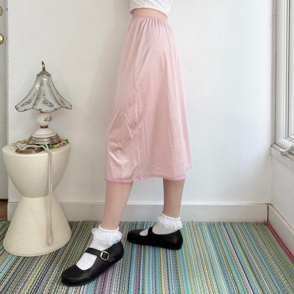 baby pink satin slip midi skirt with lace cutouts - Picture 7 of 8